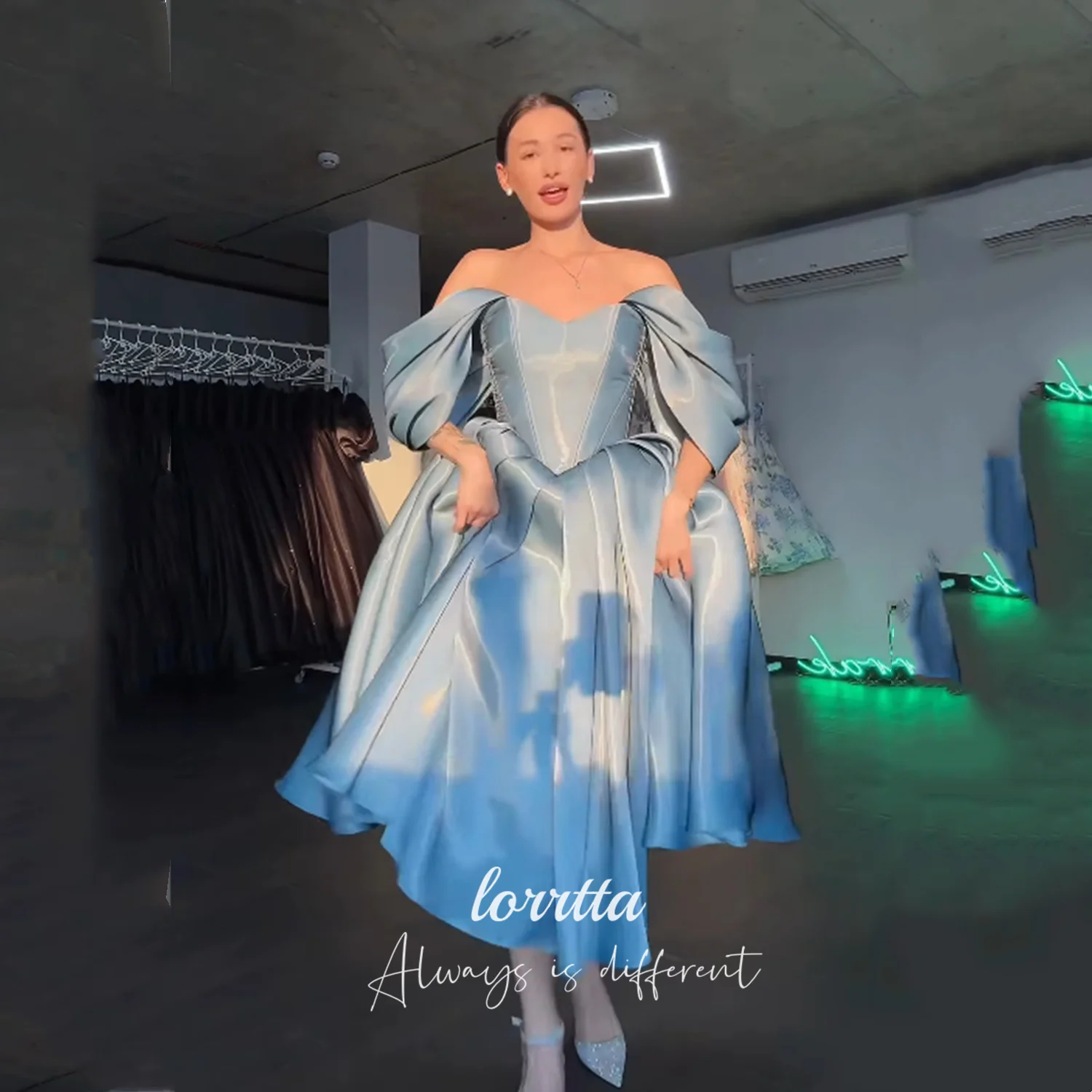 

Lorrtta Shimmering Satin Evening Dresses for Special Occasions Mid-length Prom Dress A-line Off-the-shoulder Customized Elegant.