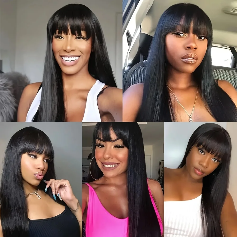 Straight Human Fringe Hair Wigs with Bangs 150% Density Full Machine Wigs with High Quality Synthetic Lace Wigs Natural Cosplay