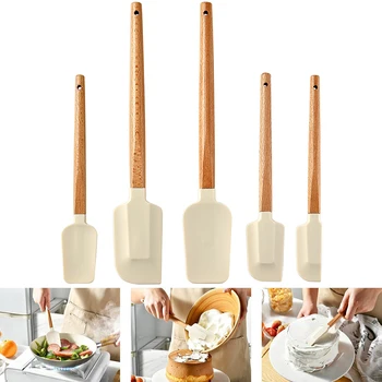 5pcs Wooden Handle Silicone Scrapers Set High Temperature Resistant Cream Cake Spatula Bak