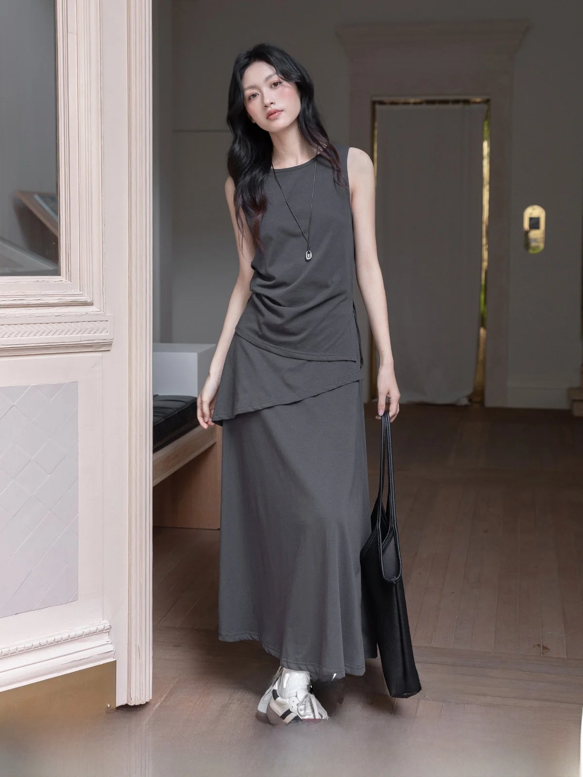 

Deep ey High Waist Belt Design Midi Skirt Women's Faionable Commute Sle Cotton A-Line Skirt Summer New Arrival