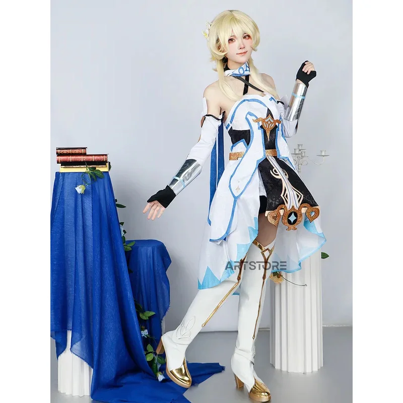 Костюмы для косплея светлого путешественника из игры Genshinimpact, полный комплект светящихся платьев, головной убор, чулки, парик для Хэллоуина, аниме, косплей