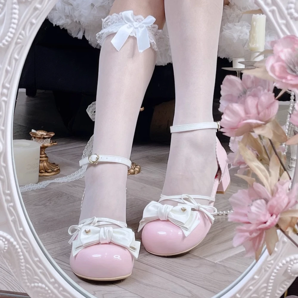 

Lolita Shoes Pink High Heels Round Head Bow Sweet Mary Jane Platform Sandals Low Heel Summer Shoes for Women