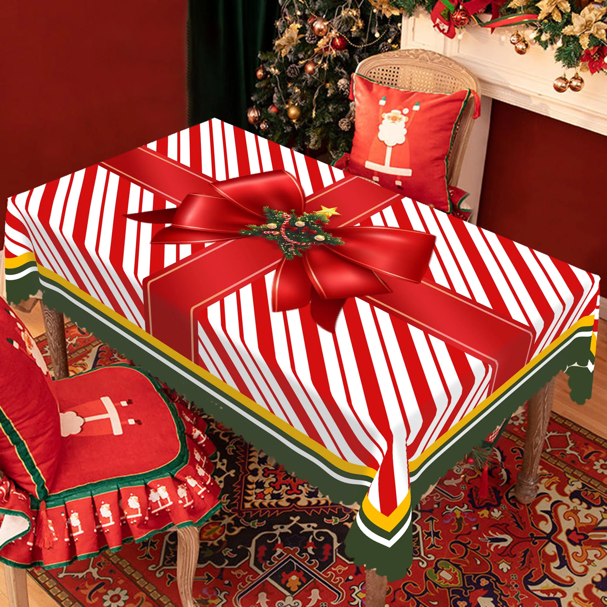 1 Piece Christmas Round and Square Tablecloth, 4 Sizes, Holly Berry Bow Snowflake Red Tablecloth, Edge Embossing Process, Tablecloth for Daily Home Kitchen, Terrace, Gift