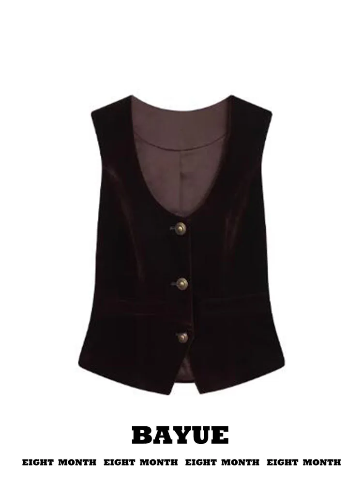 Retro Brown Velvet U-Neck Vest Women's Fashionable Autumn Winter Sleeveless Waist-Cinching Layering Short Style Button-Up