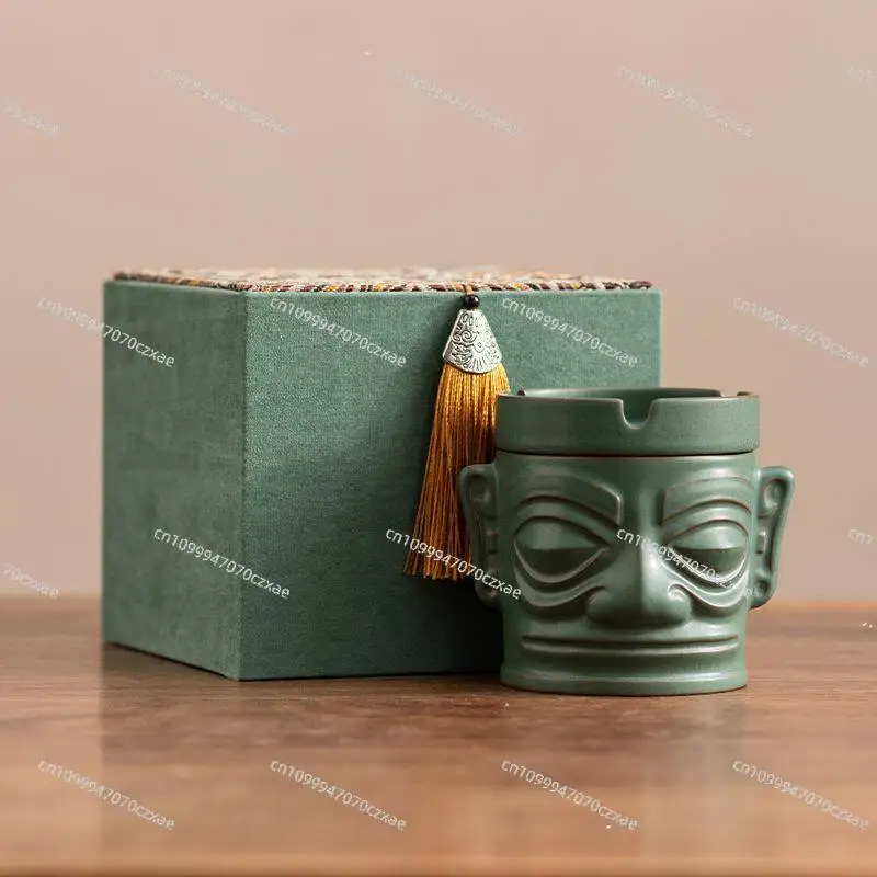 

Bronze Mask Ceramic Ashtray, Home Living Room with Lid Anti-fly Ash
