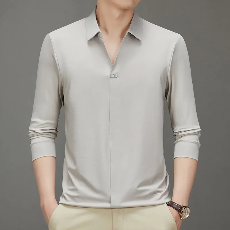 

Mens V-neck Seamless Shirts Long Sleeve Stretch Shirt Men's Casual Shirts Wrinkle Free Stylish Male Top Clothes
