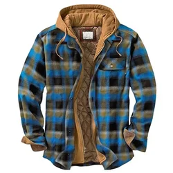 Men's coat Quilted Lined Button Down Plaid Shirt Add Velvet To Keep Warm Jacket With Hood winter outerwear ropa hombre
