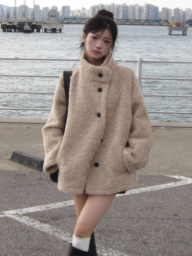 

Korean Sle Gentle Lamb Fur Jaet Women Winter New Loose Fur Outerwear Mid-Length Stand Collar Leather And Fur Inteated