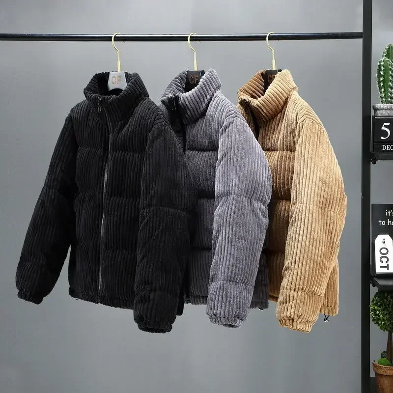 Jaqueta de veludo quente masculina, roupa de inverno, grossa, vintage, casual, solta, gola alta, zíper, algodão acolchoado, casaco de parka