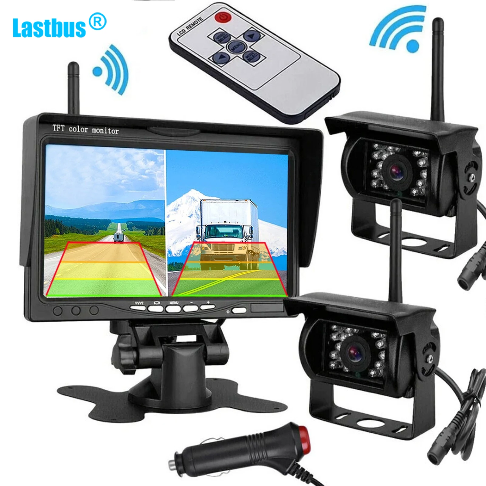 

Lastbus 7" Wireless Split Monitor+2 Reversing Camera Kit Caravan Bluetooth Truck 12V 24V