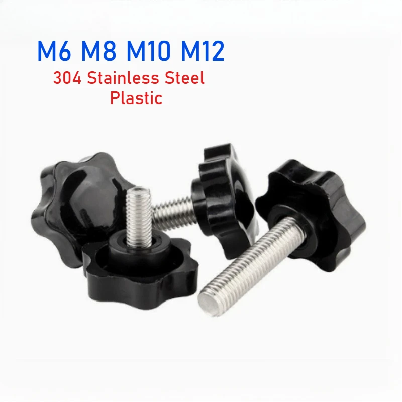 M6 M8 M10 M12 Black 304 Stainless Steel Hand Tighten Thumb Screw Plastic Six-Lobe Head Thumbscrew Adjust Clamping Bolt