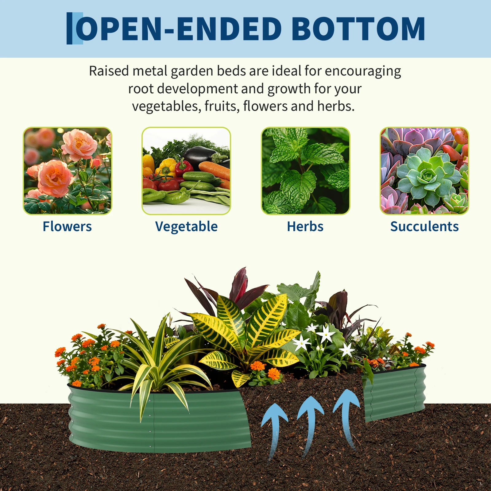 1 Bac à légumes surélevé ovale en acier galvanisé, résistant à la rouille, vert, 45 cm de hauteur, avec base ouverte et bandes anti-coupures