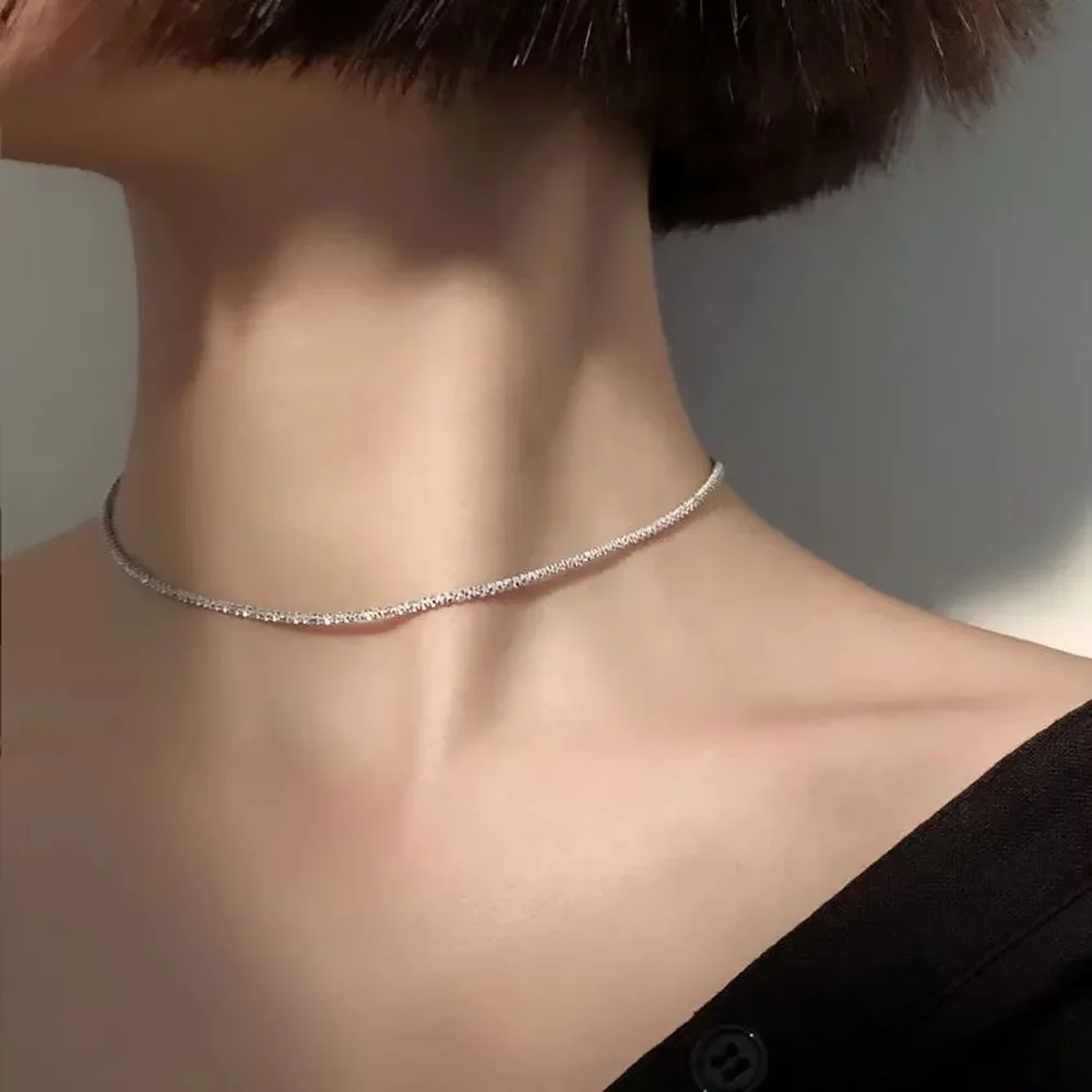 FSUNION Silver Colour Sparkling Clavicle Chain Necklace for Women, Sunshiny Jewelry Choker Elegant Wedding Party Gift Accessory