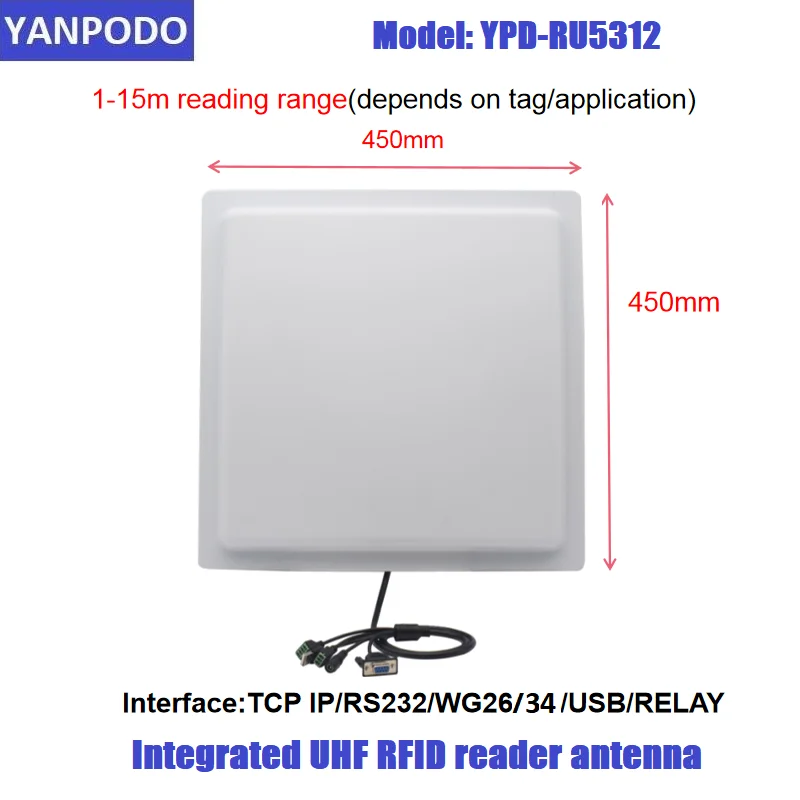 Yanpodo Integrated Long range UHF RFID Reader 1-15m built-in 12dbi gain Antenna Relay USB TCP IP Interface for Access Control