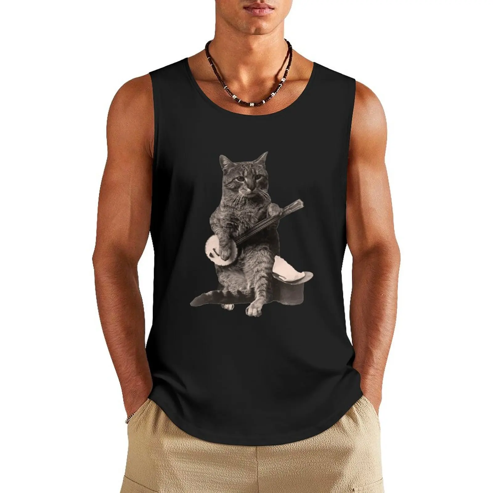 Cat Playing Banjo Guitar Tank Top sports clothes for men bodybuilding t shirt summer