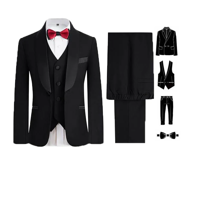 PsyMonster Jungen schwarz Klavier Violine Kleid Kinder dünne Jacke Weste Hosen Fliege 4 Stück Ballkleid Kinder Abend Tanz Performance Kostüm 5
