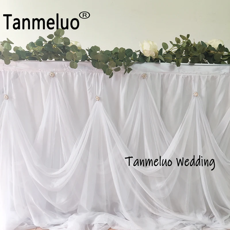 White Tulle Table Skirt Rectangle with Buckle Tablecloth for Wedding Bridal Shower Baby Birthday Party Banquet Table Decorations