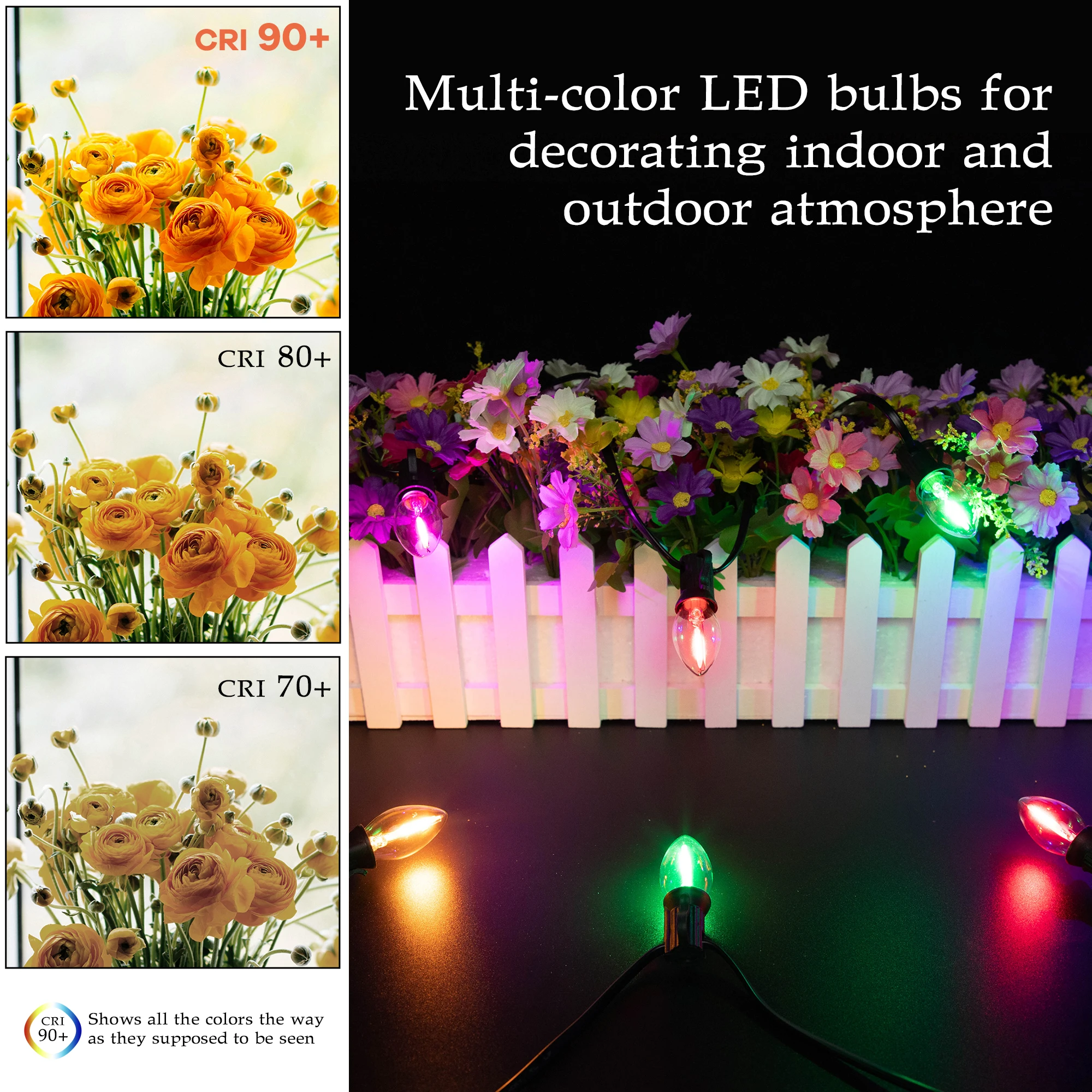 E12 LED Filament String Light Bulbs, Waterproof Multi Color C7 Candle Bulb for Outdoor Patio Garden Party Decor