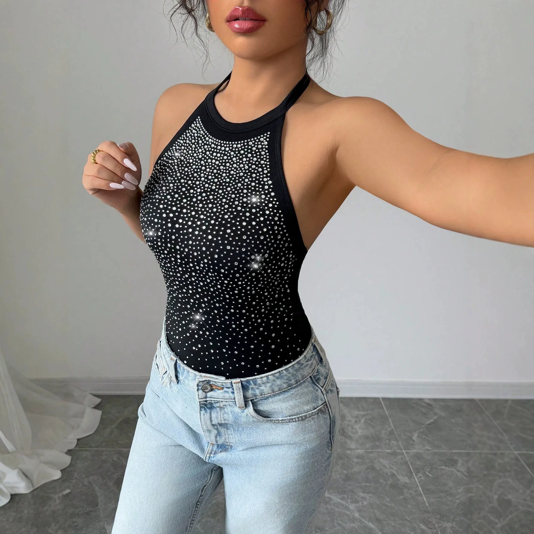 Women's New Halter Neck Sparkling Rhinestone Studded Sleeveless High Cut Bodysuit Slimming Versatile Club Party Fashion Jumpsuit