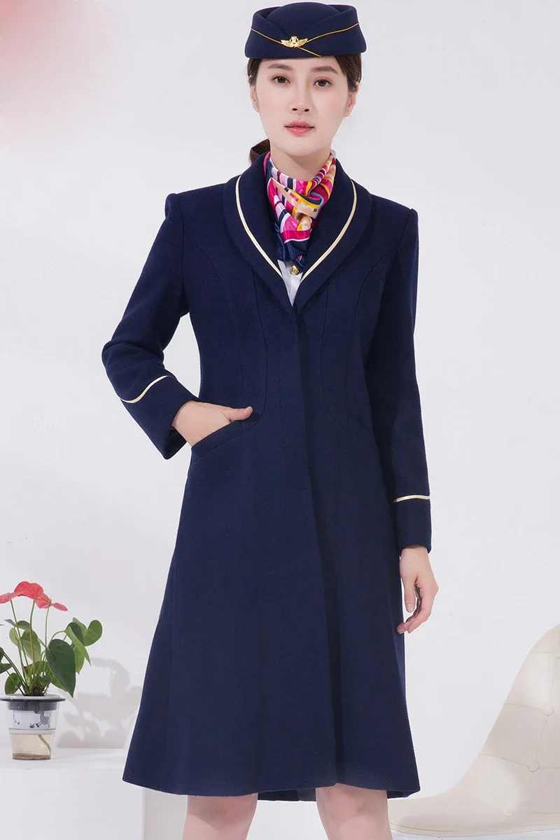 Air China volo Cappotto da hostess della compagnia aerea abito professionale Cappotto da assistente di volo invernale lungo uniforme cappotto di lana al ginocchio