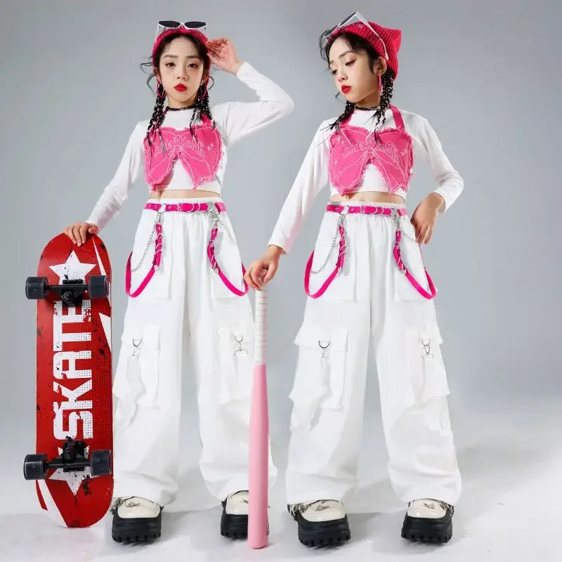 2024 Girls Group Jazz Dance Costumes White T-Shirt Loose Vest Hiphop Pants Suit Kids Clothing Hip Hop Dance Streetwear