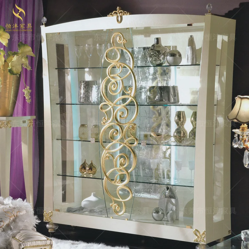 Italian French luxury European solid wood carved two-door wine cabinet villa modern glass storage display cabinet