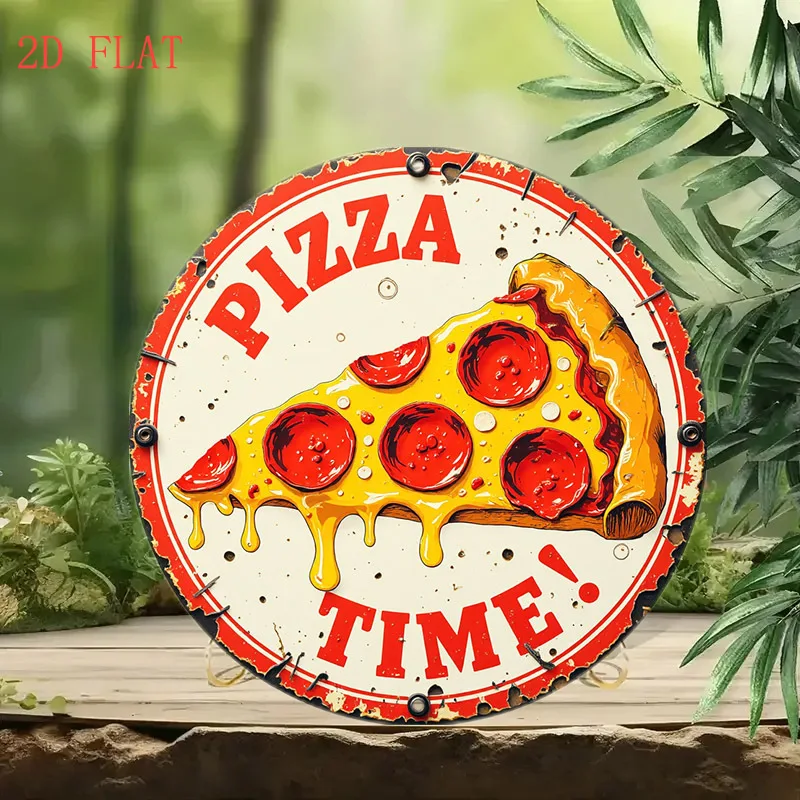[2D Flat] 1pc 20.32 cm Round Aluminum Wall Sign - Retro Pizza Slice with Cheese & Pepperoni Design, Rustic Metal Decor for Home,