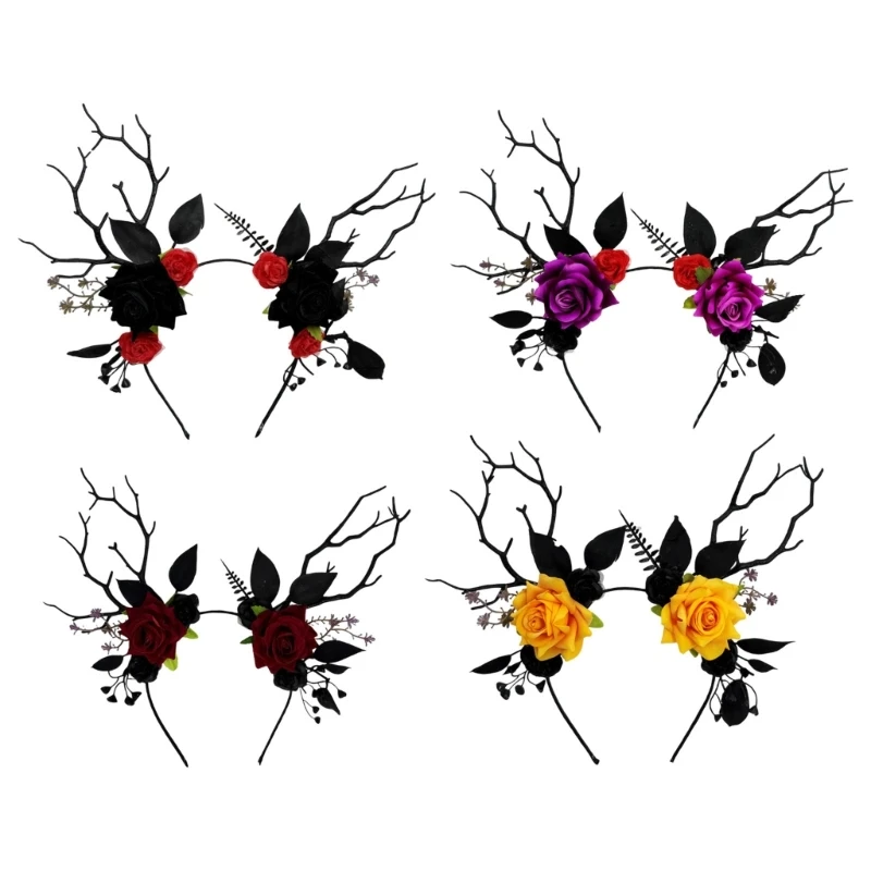 Q39C Dark Rose Branch Costume Headband for Gothic Halloween Photos Cosplay Party Wear Lightweight Hair Accent