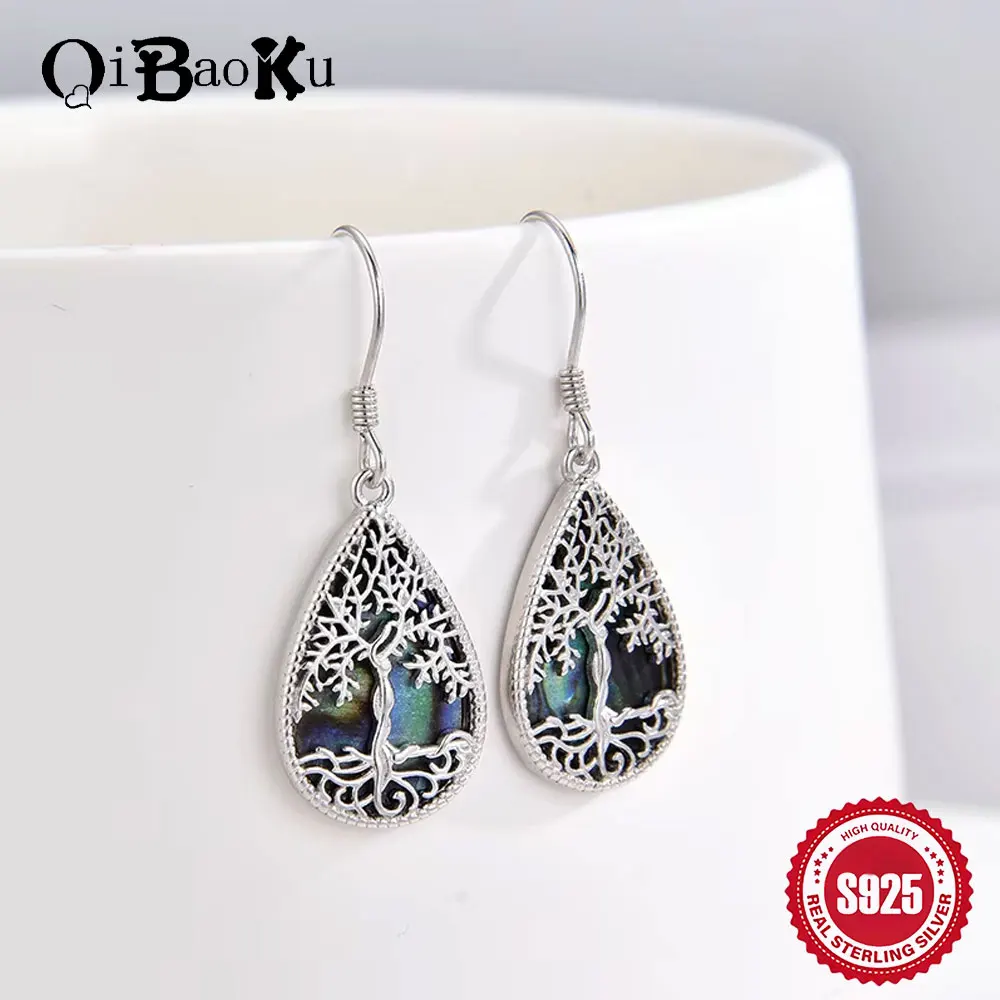 

QIBAOKU S925 Sterling Silver Tree of Life Earrings for Women Fashion Luxury Brand High-end Abalone Shell Water Droplet Earrings