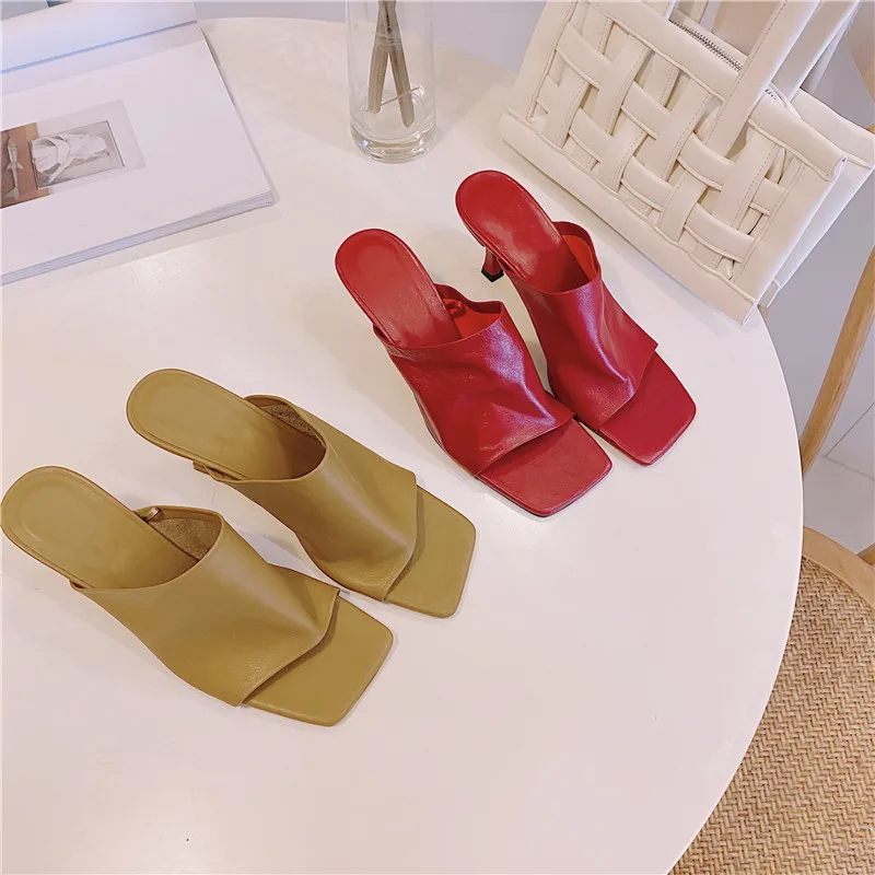 

MKKHOU Fashion Sandals Women's New High Quality Genuine Leather Square Head Open Toe High Heel Slippers Commuter Women's Shoes