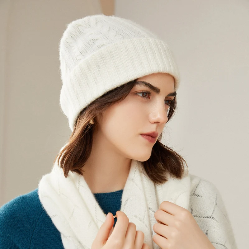 Lady Hooded Hat 100% Goat Cashmere Knitted 3Colors Winter Soft and Keep Warm Hats For Women HG01