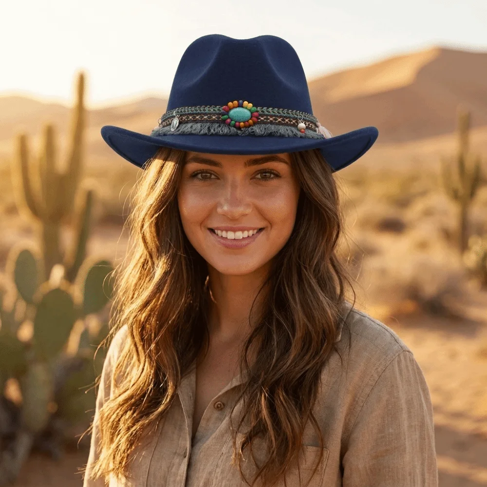 Adjustable Woolen Western Cowboy Hat Solid Color with Tassels Party Cosplay Hat Roll Brim Colorful Cowgirl Jazz Hat Bucket Hats
