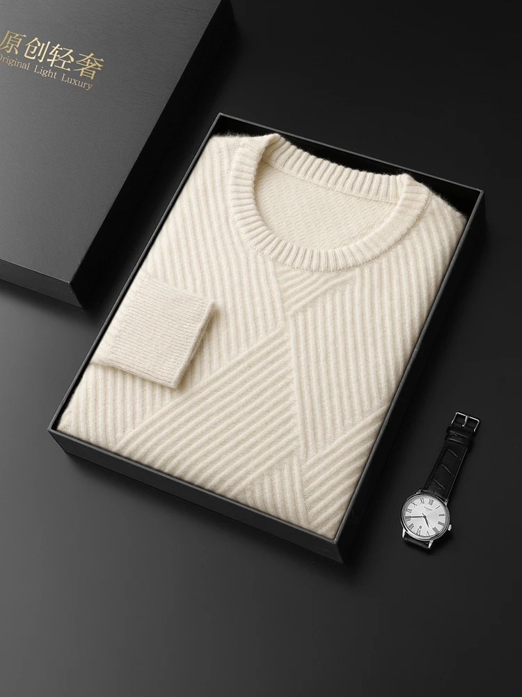 Autumn Winter Men's O-neck Pullovers Sweater 100% Goat Cashmere Knitwear Twist Flower Thick Long Sleeve Business Casual Warm Top