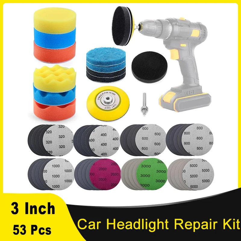 

3 Inch Car Headlight Repair Kit 53 Pcs Grit 320-5000 Headlights Sanding Sheets with 1/4” Shank Backing Buffing Sponge Pads