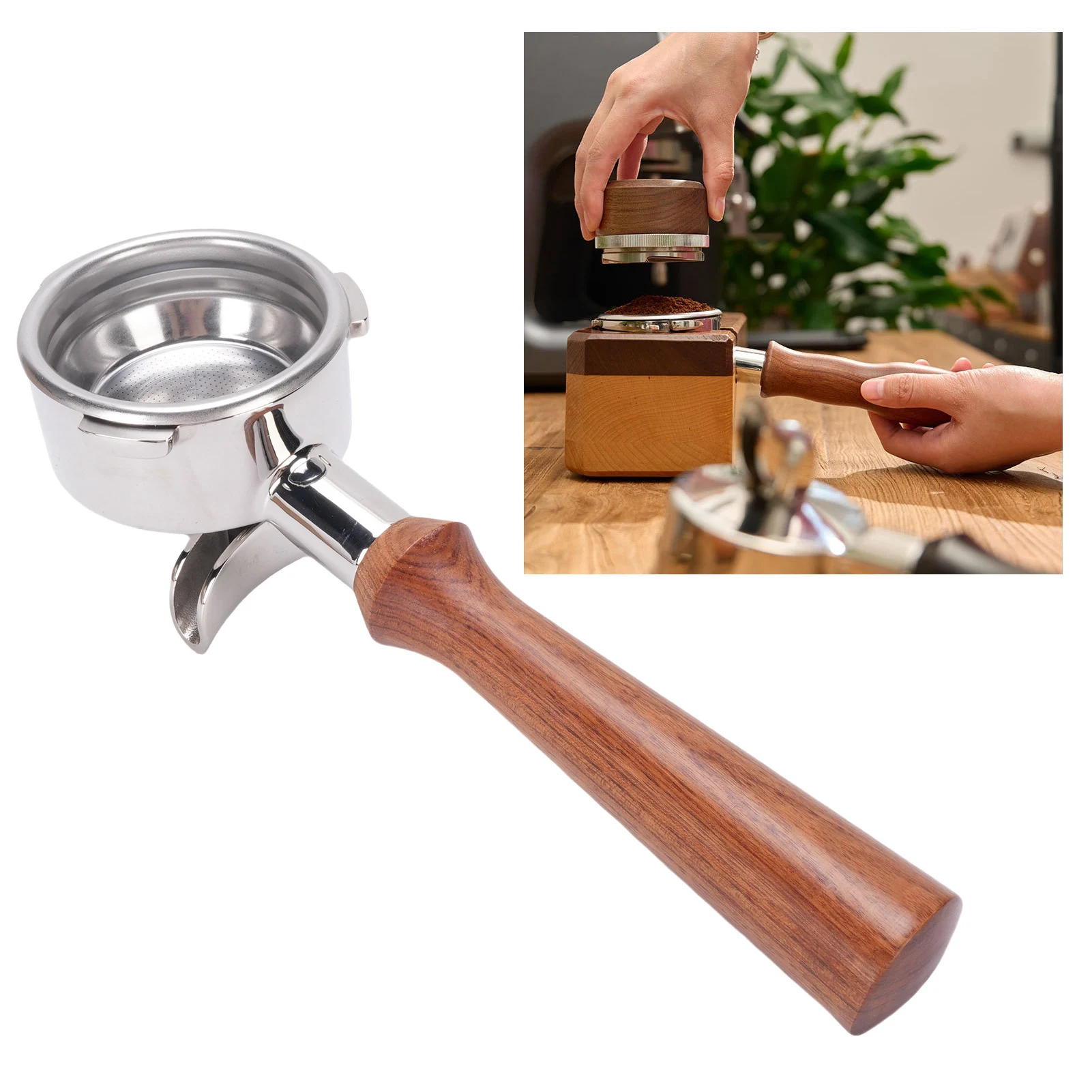 Portafiltro de 58mm con doble boquilla, portafiltro para cafetera de acero inoxidable con mango de madera para reemplazo