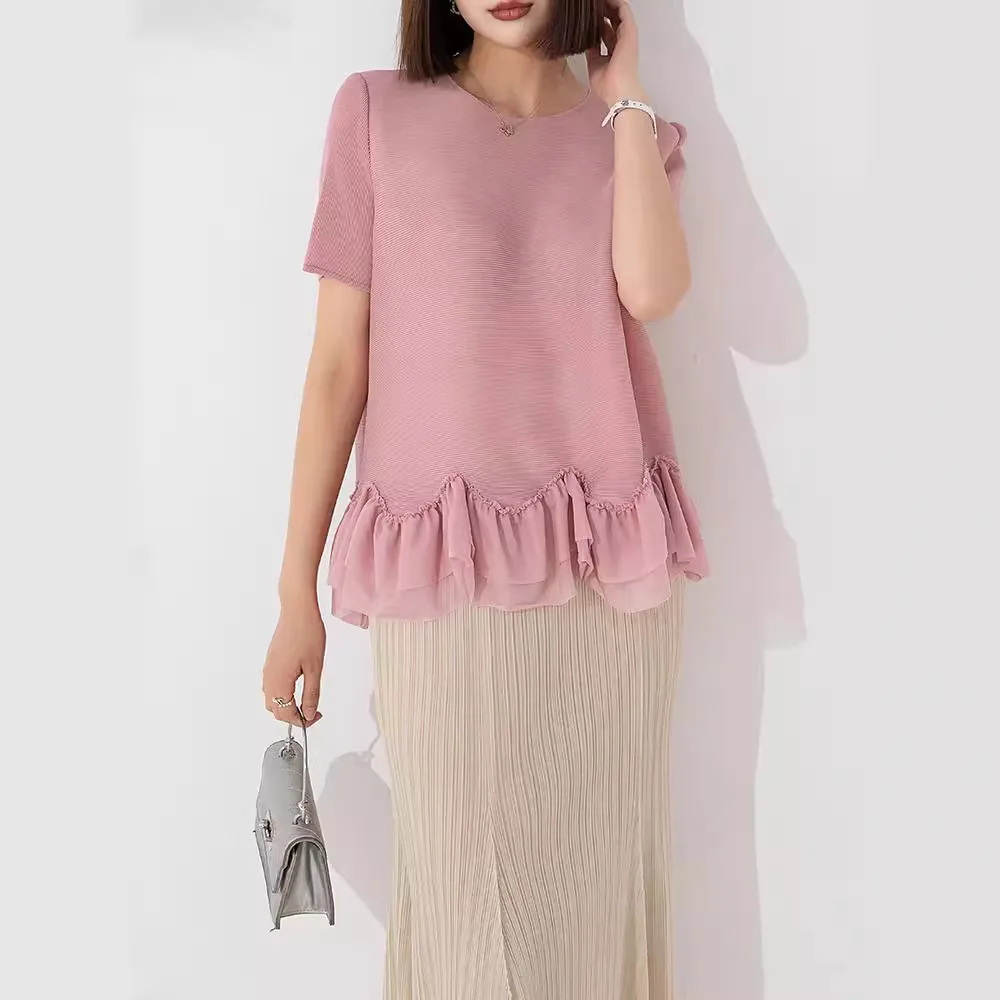 

Miyake Pleated Ruffle Top Women's 2024 Summer New Round Neck Pullover Short-sleeved Loose Large Size Niche Versatile T-shirt