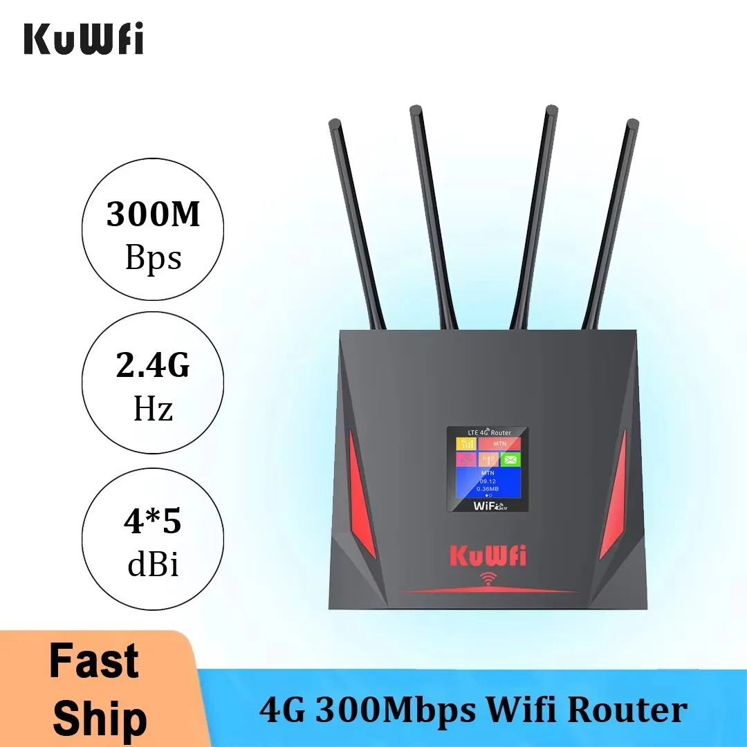 KuWfi 4G CPE Wireless Router 300Mbps LTE Router 3G 4G SIM Wifi Router with RJ45 WAN LAN Port High Speed External Antenna 10 User