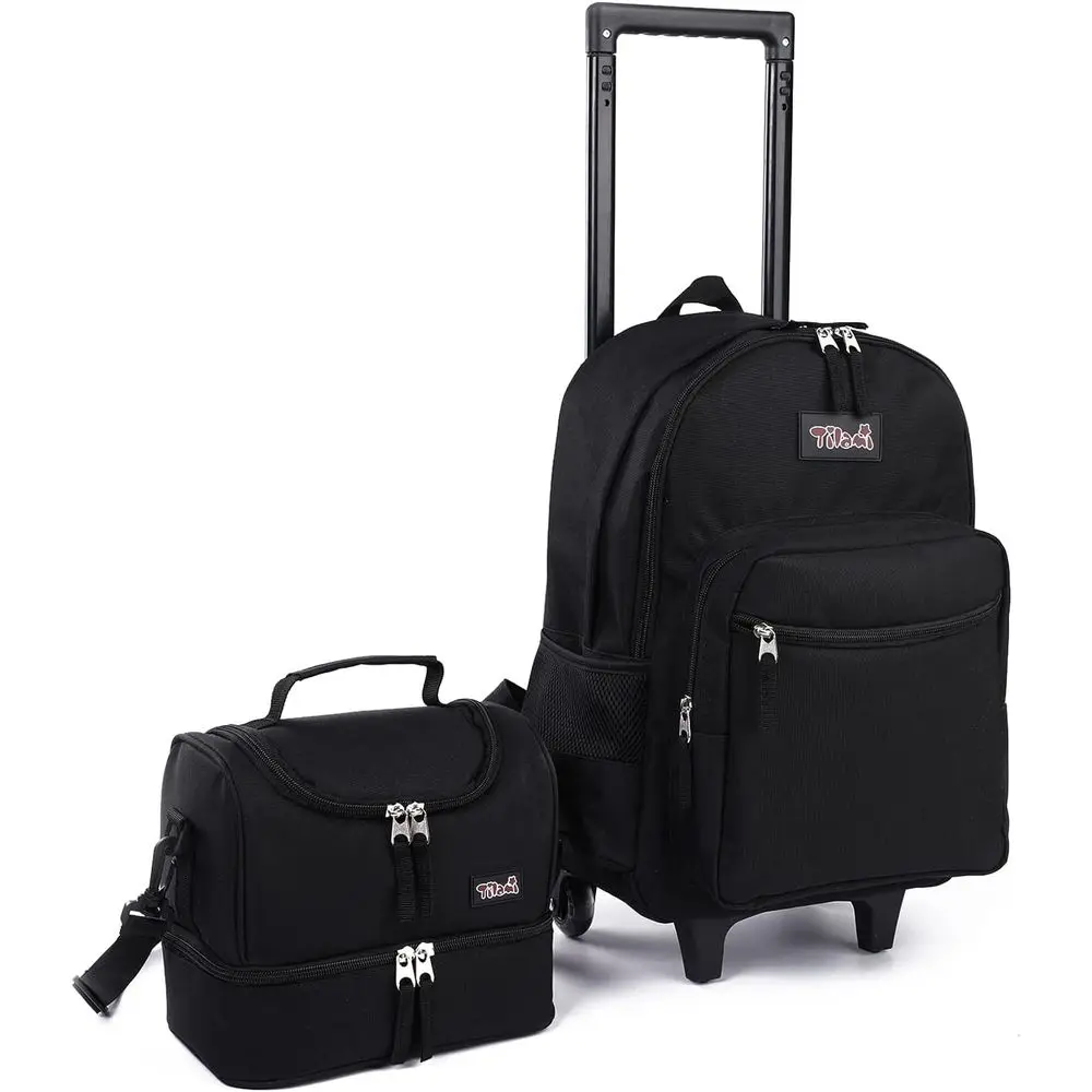 

18 Inch Double Handle Rolling Backpack with Lunch Bag, Wheeled Kids Backpack for Boys and Girls, Black