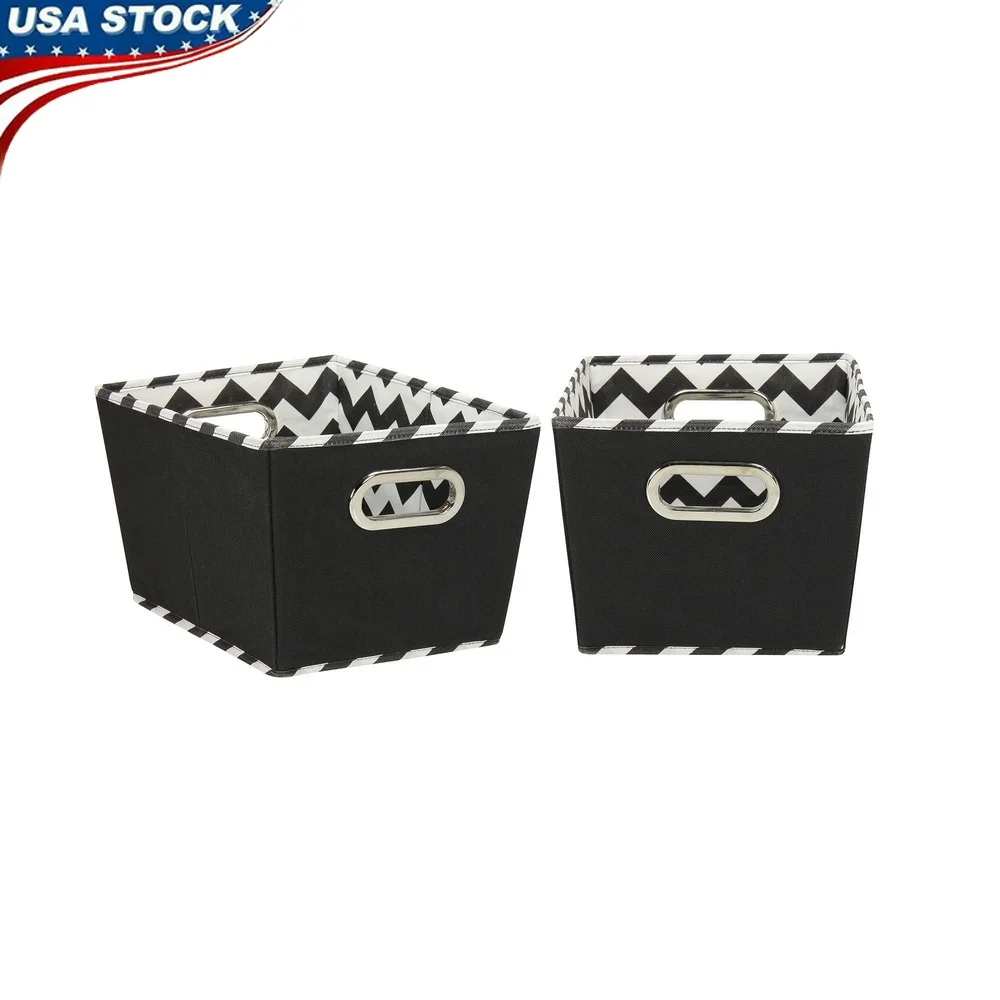 Set of 2 Decorative Fabric Storage Bins Grommet Handles Tapered Design Black Chevron Pattern Ideal Organizing Clutter