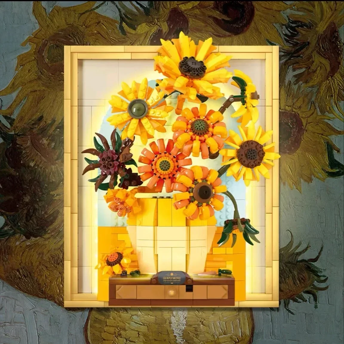 Van Gogh Sunflower Photo Frame with Light Building Blocks Classic Art Picture Model Bricks MOC Toys for Children Gifts Home Deco