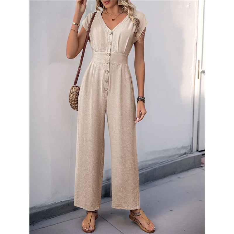 ASDS-レディースジャンプスーツ半袖Vネックファッションカジュアルワイドレッグパンツボディスーツ2025夏服