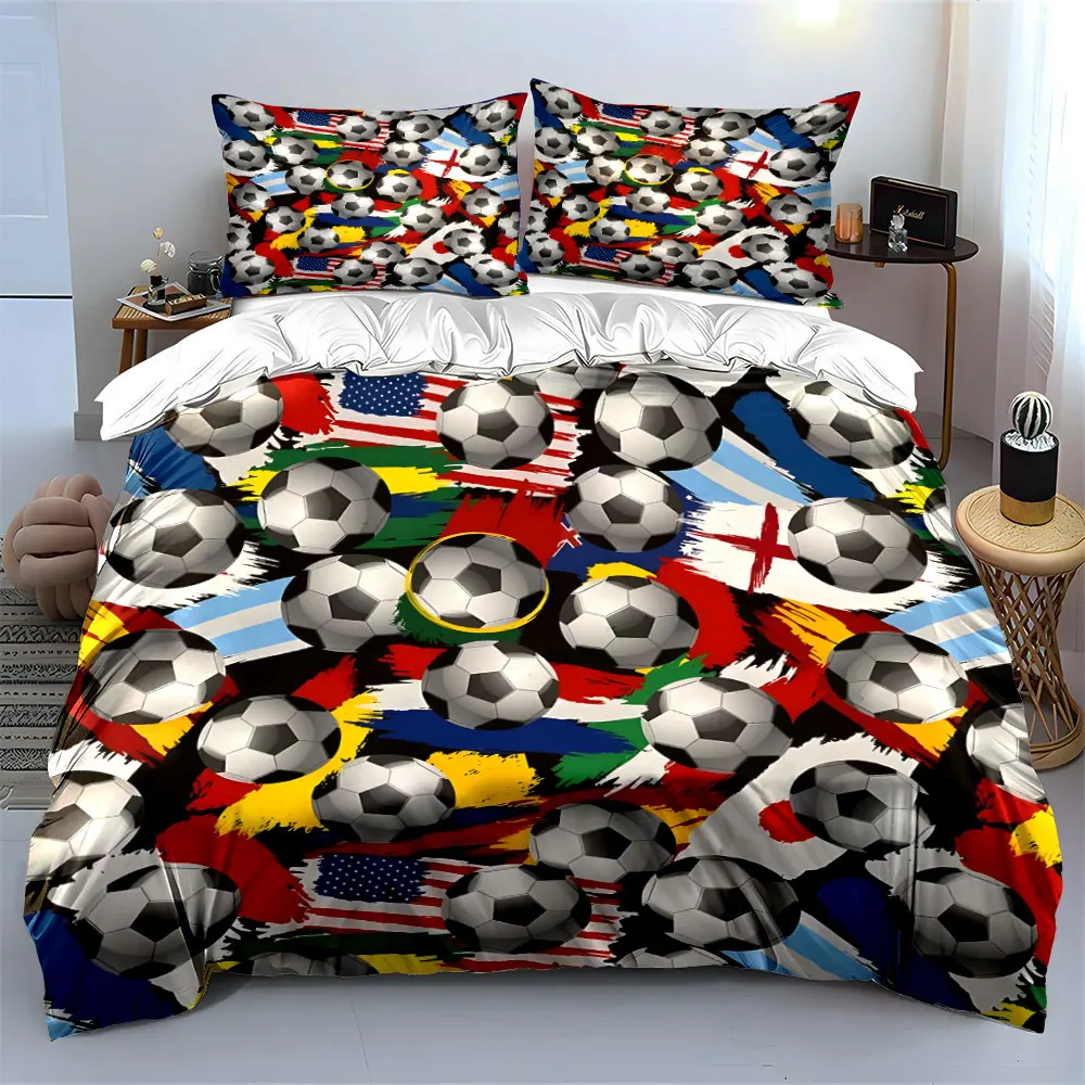 Soccer and Multinational Flags Background Duvet Cover Set with 3D Printing Design Soft Polyester Bedding Set All-Season Comfort