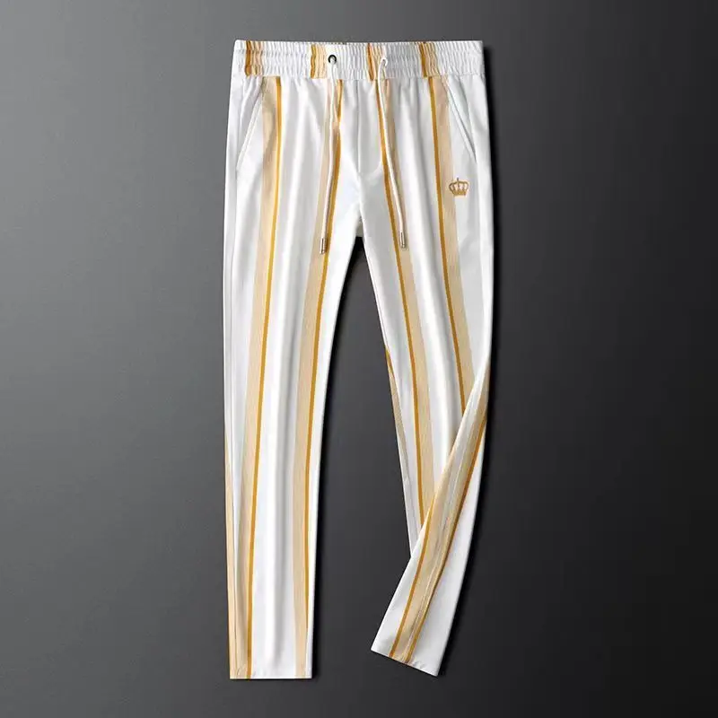 

High quality Striped Men's Casual Pants Summer New Trendy Slim Fit Thin Fashionable Embroidered Trousers