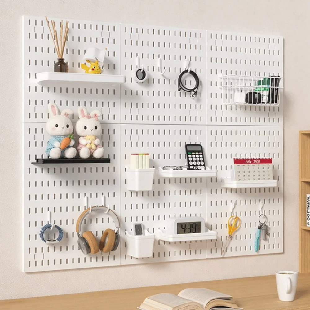 Wall-Mounted Storage Board with Hooks Space-Saving Pegboard DIY Storage Organizer Board for Kitchen Bedroom Bathroom Study Room