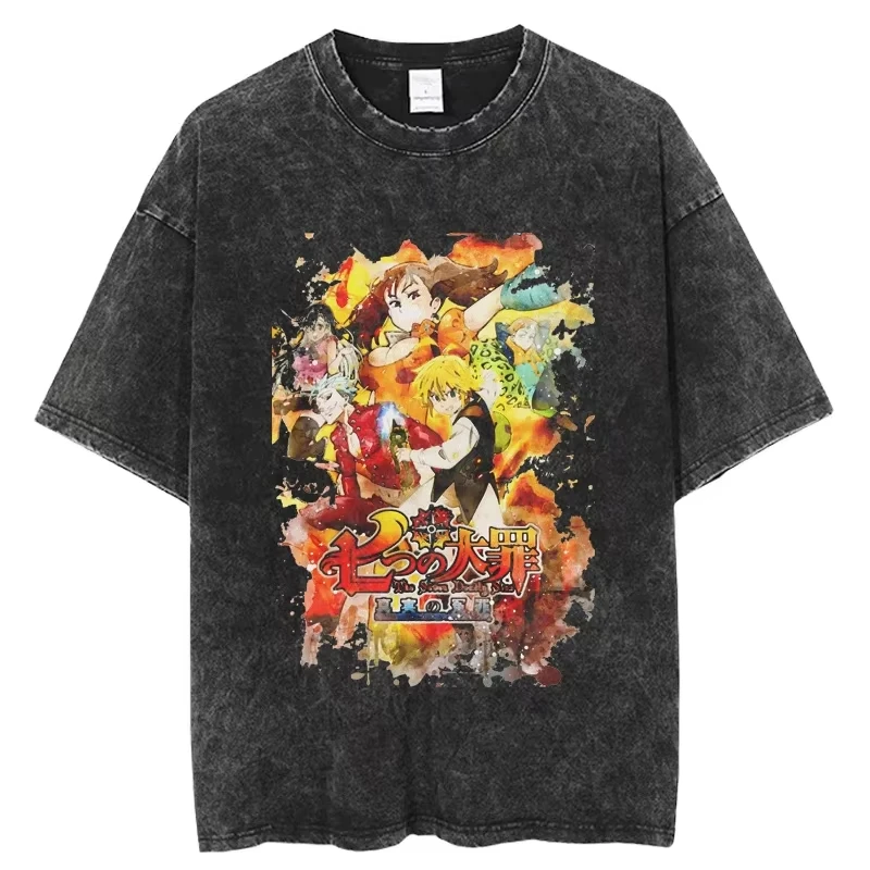 Anime The Seven Deadly Sins Ban Meliodas Escanor Graphic Print T-Shirt Men Women Vintage Washed Cotton Oversized Summer New Tee