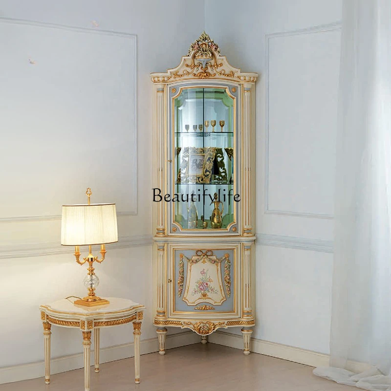 European Style Living Room Curio Cabinet French Luxury Solid Wood Gilding Carved Dining Room Wine Cabinet