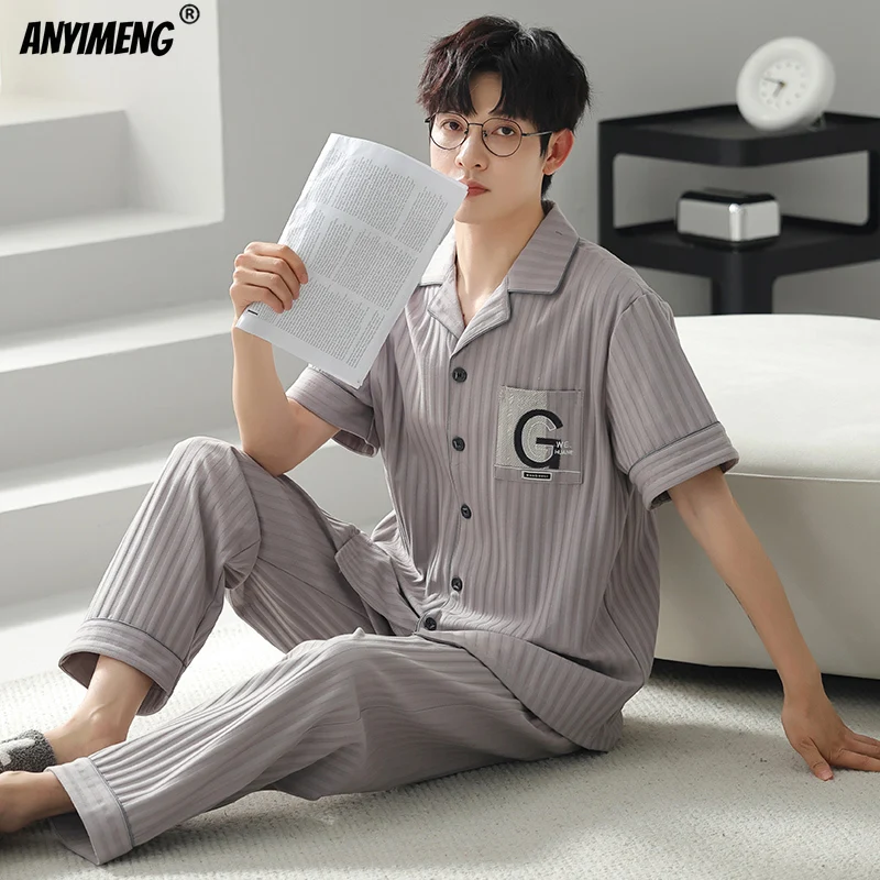 Spring Autumn Men Cotton Pajamas Soft Short Sleeves Long Pants Pajama Big Size L-3XL Man Sleepwear Soft Lapel Loungewar