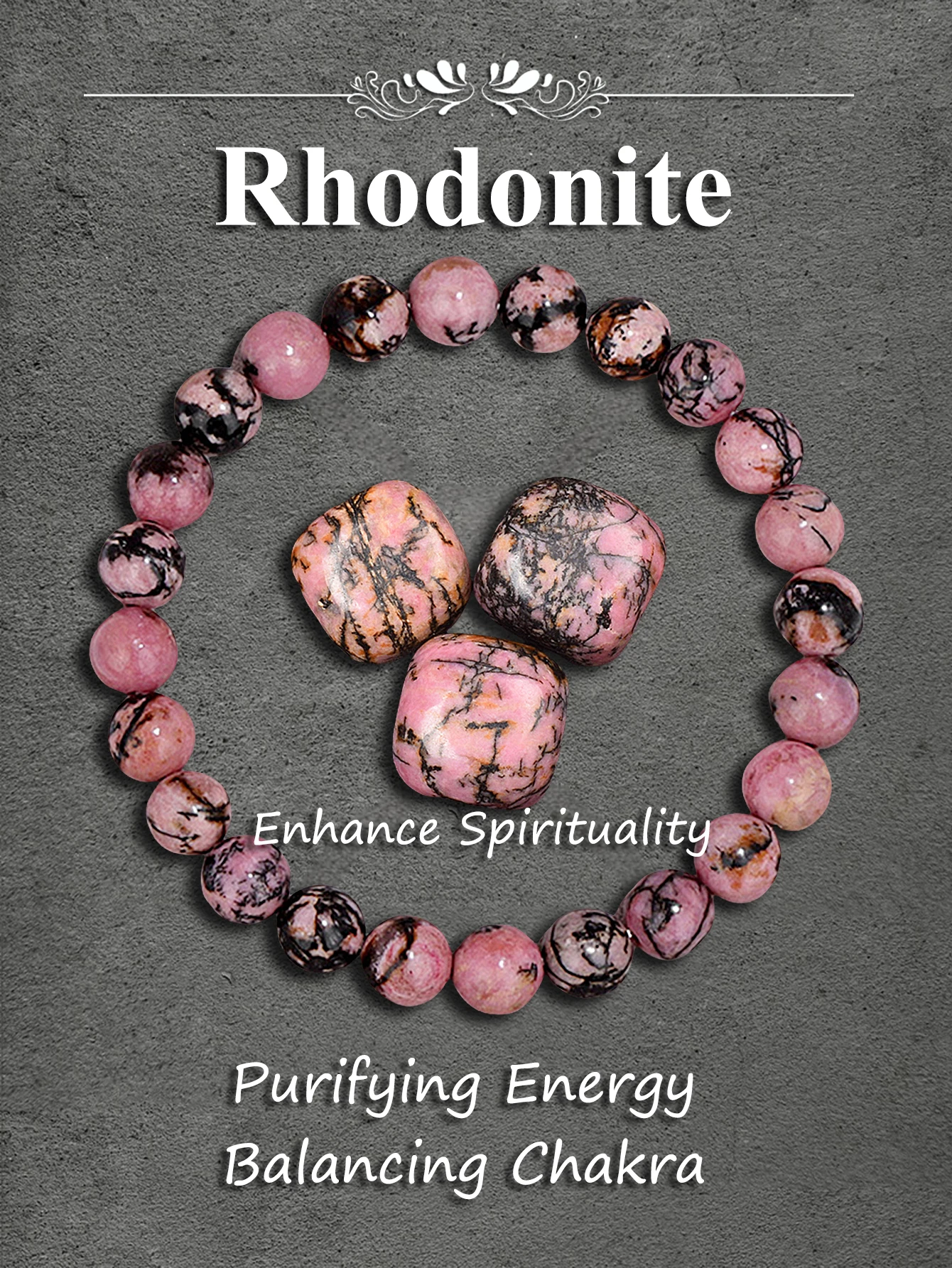 Pulseira de contas de rodonita, pedra natural para cura emocional, paz interna, confiança, equilíbrio do amor, energia positiva, joias de harmonia