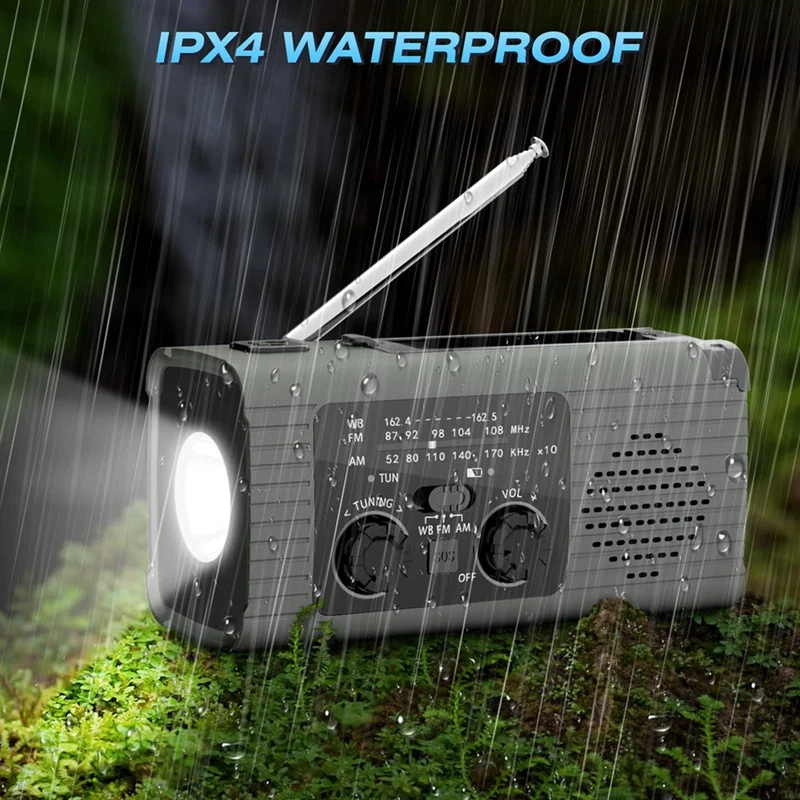 1 PCS Emergency Weather Radio, 4000Mah Weather Alert Radio AM/FM Radio ABS Solar Charging, Hand Crank & USB Charged - Gray