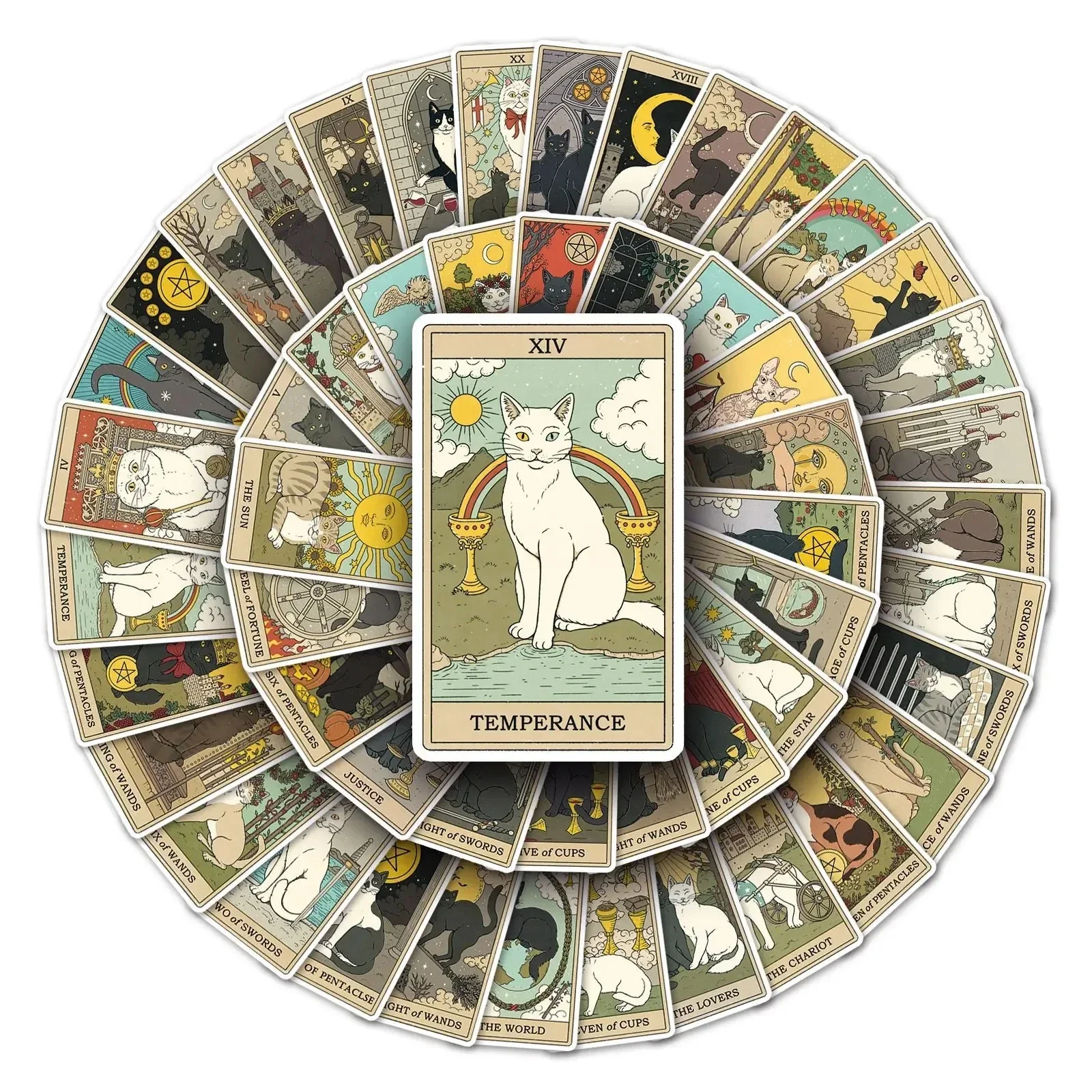 78-teiliges Vintage-Katzen-Tarot-Aufkleber-Set, Lustige Cartoon-Sticker für DIY Laptop, Koffer, Gitarre, Tasse, Skateboard, Klassisches Kinderspielzeug